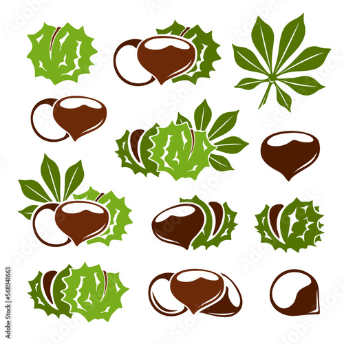 Chestnuts icon collection. Nuts with leaves vector symbols in stencil style.