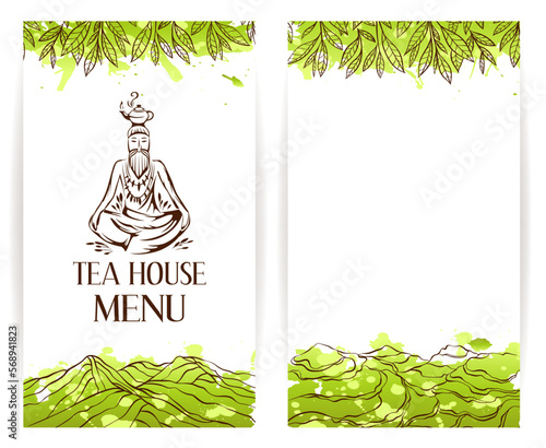 Green tea menu template. Zen monk with teapot logo