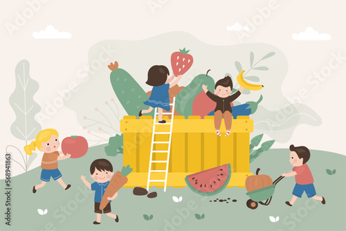 Team of funny kids putting organic food in big wooden box. Group of children farmers harvested good crop. Eco nutrition. Farm food, farmland. Basket with various fresh vegetables