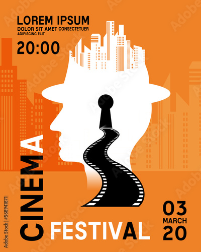 Detective movie poster template. Vector conceptual vertical flyer in retro style for cinema festival.