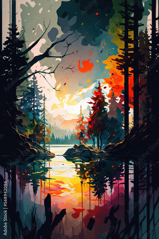 Forest Lake in Abstract Style and Watercolors - Forest in Watercolors Series - Forest Lake Abstract Style Watercolors background wallpaper created with Generative AI technology