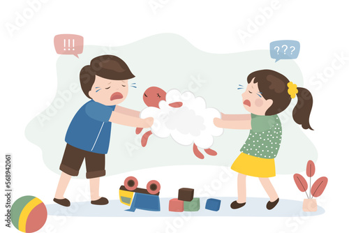 Brother and sister pulling stuffed toy, relationship problem. Preschool children cannot share one toy. Little kids cry and fight over toys. Friends quarreled. Negative emotions.