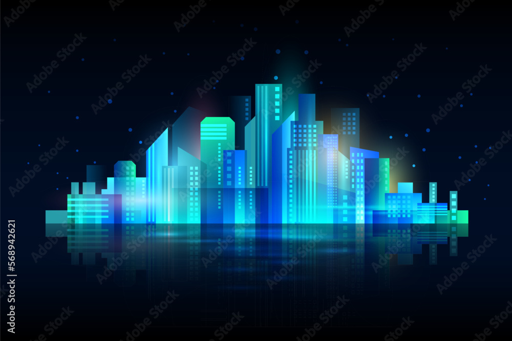 Urban cityscape. Colorful town silhouette. Night time panorama. Vector illustration.