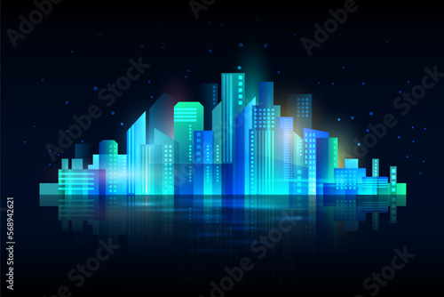 Urban cityscape. Colorful town silhouette. Night time panorama. Vector illustration.