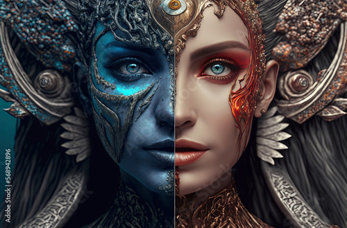 Goddess of Good and Evil. Generative AI, non-existent person.	
