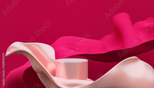 Cylindrical podium of pastel pink color on the background of viva magenta. Abstract violet color viva with swirling waves. 