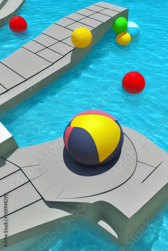 3d scene design for summer product display. Concrete stair podium with swimming ring and beach ball beside water. Concept of island beach or swimming pool. - generative ai