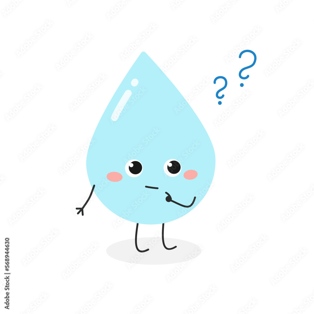 Cute confused cartoon waterdrop with question marks Stock Vector