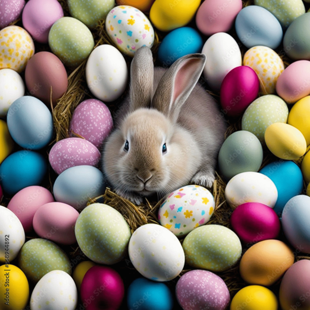 Cute adorable Easter Bunny and eggs, Group of colourful eggs cartoons characters, background Cute adorable Easter Bunny and eggs, Group of colourful eggs cartoons characters, background