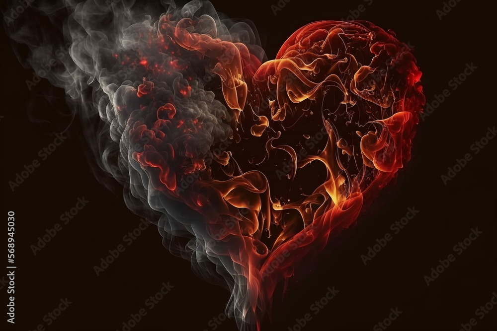 Red smoke and fire on a black background, in the shape of a glowing heart. Room for words. Created by digital art. Room for words Red smoke and fire on a black background, in the shape of a glowing heart. Room for words. Created by digital art. Room for words