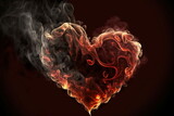 Red smoke and fire on a black background, in the shape of a glowing heart. Room for words. Created by digital art. Room for words