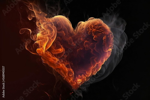 Red smoke and fire on a black background, in the shape of a glowing heart. Room for words. Created by digital art. Room for words photo