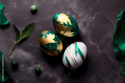 Colourful and funny Easter eggs decoration, emerald green, gold and white