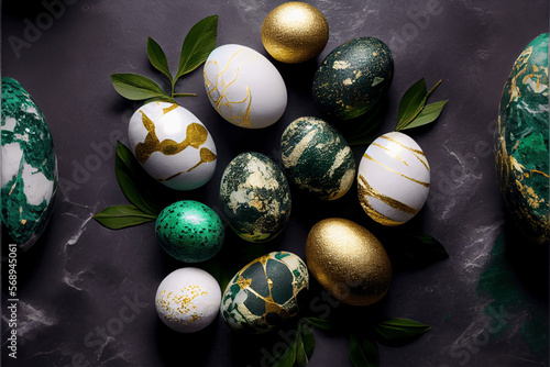 Colourful and funny Easter eggs decoration, emerald green, gold and white