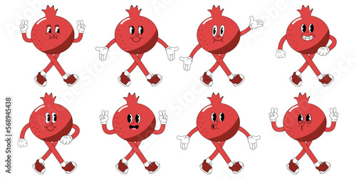 Garnet, pomegranate cartoon groovy stickers with funny comic characters, gloved hands. Modern illustration with legs and arms.