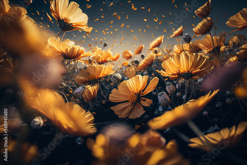 a beautiful field of flowers with explosion flying petals generative ai.