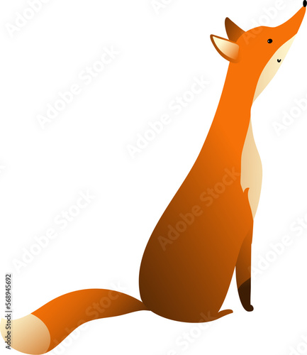 Cute smart fox sitting and looking up. Artistic hand drawn animal illustration for kids in watercolor style. Vector clip art for children.