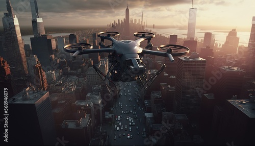 top view delivery drone ,new you york city in the background, Cinematic landscape,Generative AI 