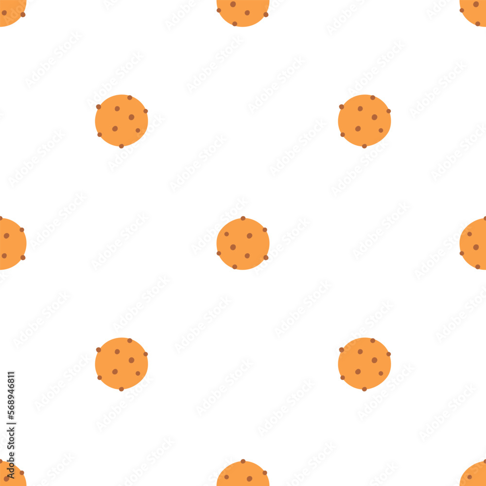 Seamless pattern of cookie with chocolate crisps in flat style. Hand drawn vector background of biscuit with chocolate or raisins, baking, confectionery