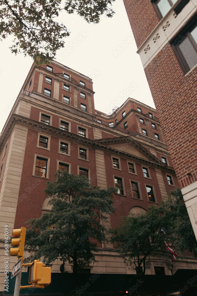 low angle view of building near trees and yellow traffic light on street of New York City.