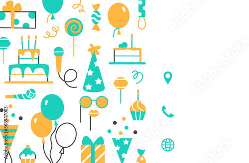 Party store flat line color business card design template. Event service blank visit card. Minimal corporate creative layout. Abstract elements for birthday carnival cake balloon vector illustration.