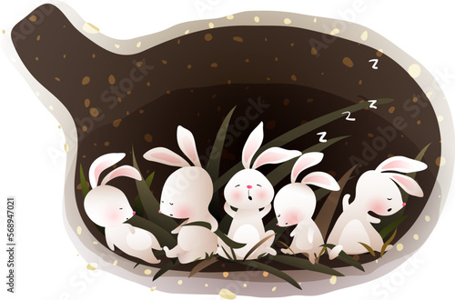 Bunnies or rabbits sleeping or hibernating in a den or burrow. Cute animal habitat illustration for children. Kids animal house cartoon, inside the bunny den. Vector wildlife drawing for kids.