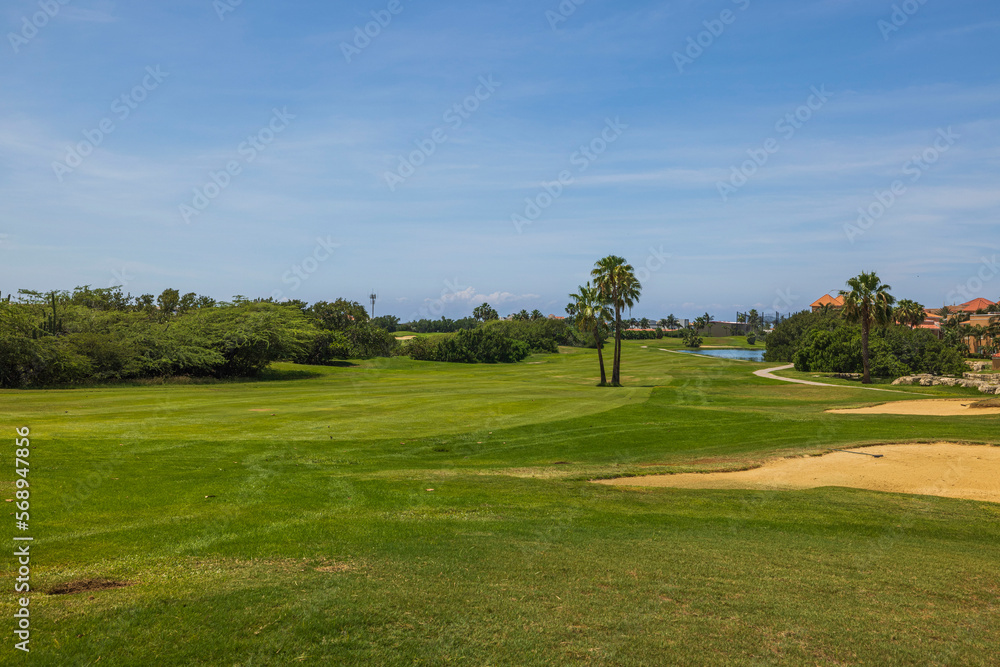 Gorgeous view of green grass golf field on background  blue sky on Aruba island. 