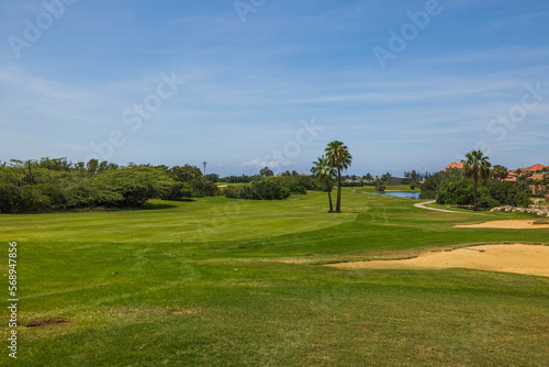 Gorgeous view of green grass golf field on background blue sky on Aruba island. 