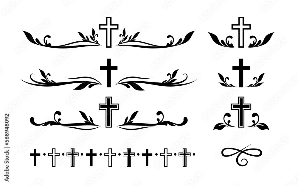 Funeral ornamental decorations. Vector memorial design elements. Border, divider, ribbon, frame