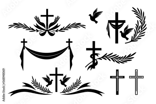 Funeral ornamental decorations. Vector memorial design elements. Borders and dividers with cross, dove, ribbons and palm leaves. photo