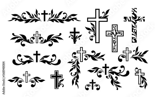 Funeral ornamental decorations. Vector memorial design elements. Border  divider  ribbon  frame and corner.