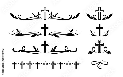 Funeral ornamental decorations. Vector memorial design elements. Border, divider, ribbon, frame and corner.