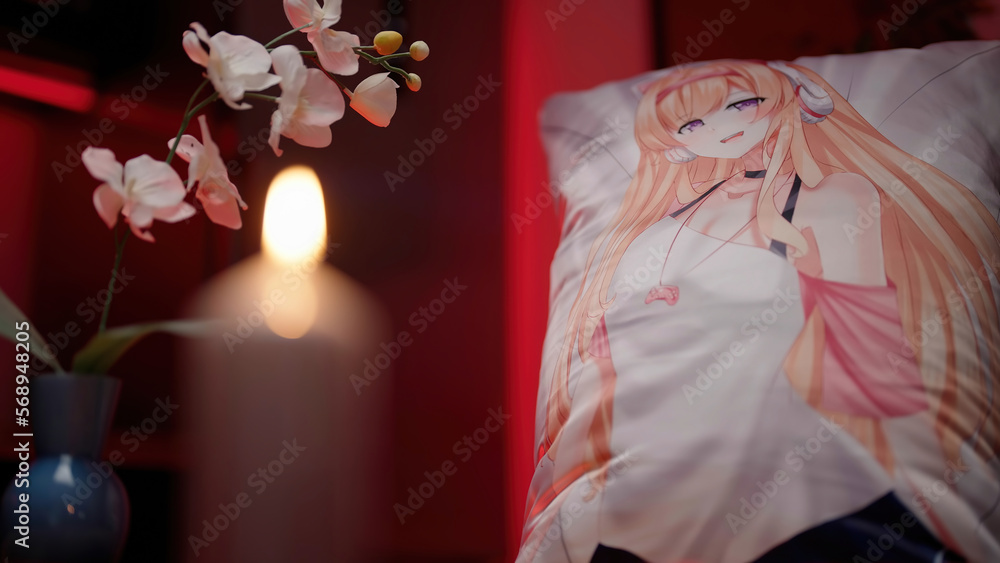 Candlelight for Valentine's Day with 2D anime waifu dakimakura Stock