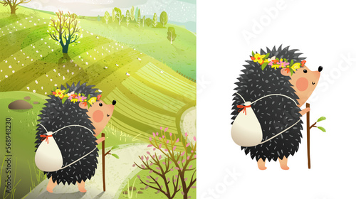 Cute hedgehog travel with backpack in the countryside. Hedgehog cartoon for kids. Isolated animal clipart and with nature landscape. Hand drawn vector illustration in watercolor style.