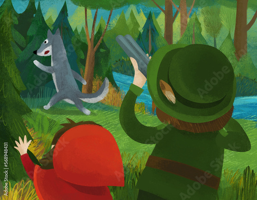 cartoon scene with hunter forester hunting wolf in the forest with little girl illustration for children photo