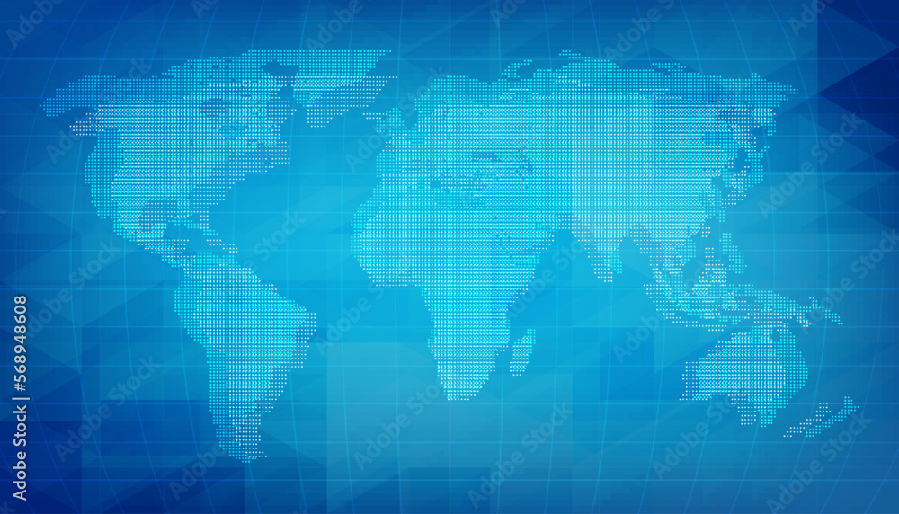 World map of digital grid texture. Blue abstract background with pixel elements.