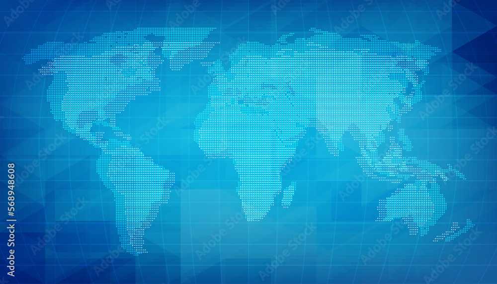 World map of digital grid texture. Blue abstract background with pixel elements. World map of digital grid texture. Blue abstract background with pixel elements.