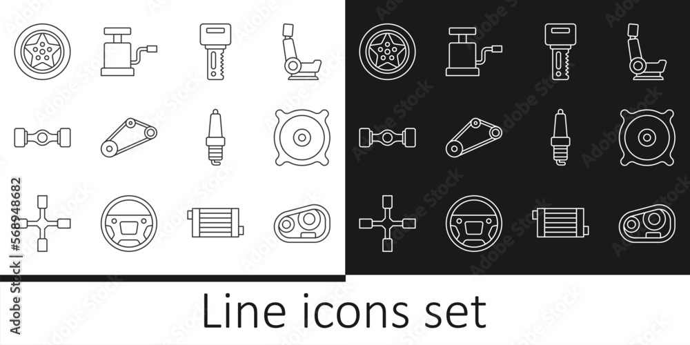 Set line Car headlight, audio speaker, key with remote, Timing belt kit, Chassis car, wheel, spark plug and air pump icon. Vector