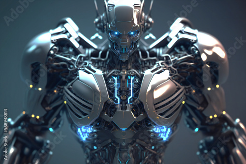 Futuristic mechanical humanoid machine performing complex tasks