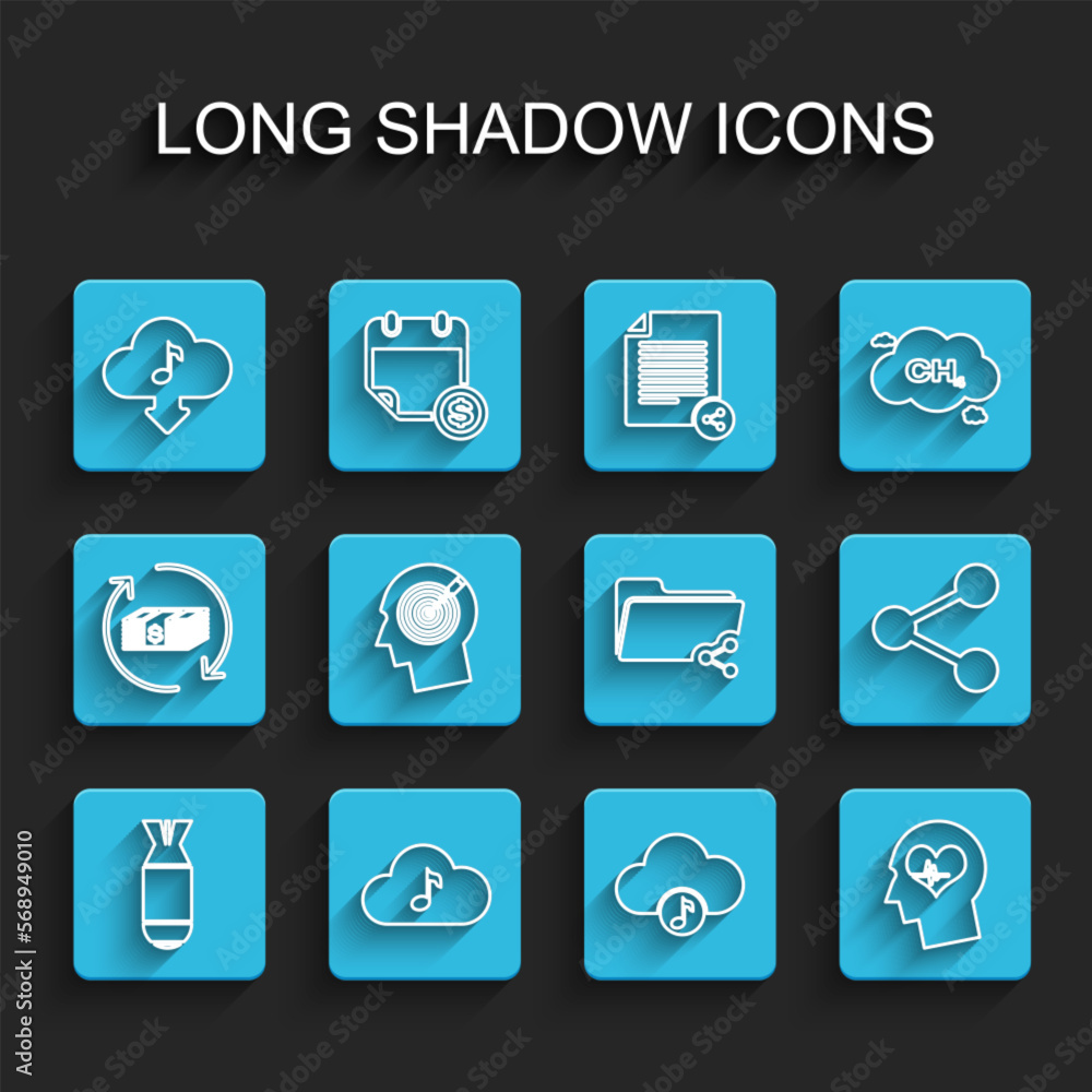 Set line Aviation bomb, Music streaming service, Cloud download music, Head with heartbeat, hunting concept, Share and folder icon. Vector Set line Aviation bomb, Music streaming service, Cloud download music, Head with heartbeat, hunting concept, Share and folder icon. Vector