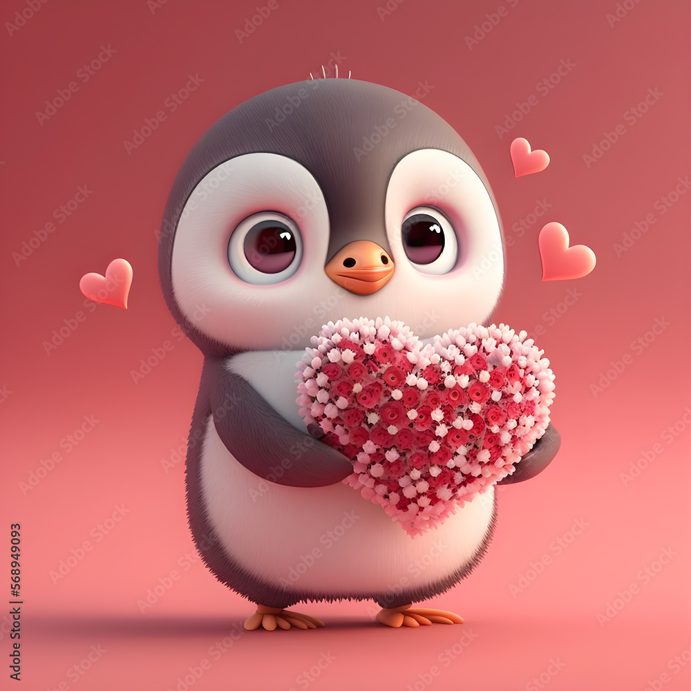Fototapeta premium romantic penguin with heart-shaped flowers created with Generative AI technology