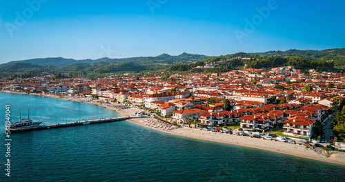 Panorama of Pefkohori (Pefkochori) - small, beautiful tourist village by the sea on Kassandra peninsula, Halkidiki (Chalkidiki), Greece