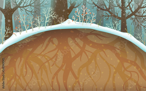 Winter forest with roots below ground, trees and bushes covered with snow and snowfall. Woods with roots underground, empty soil background illustration. Vector nature scenery illustration.