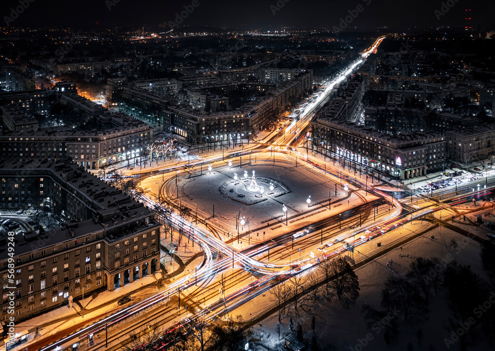 Long exposure (traffic lights), aerial view of Nowa Huta at night during Christmas time, Krakow, Poland