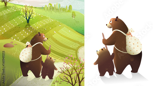 Bear mom and baby, backpack hiking adventures in rustic landscape. Animal travelling clipart for kids. Backpacker bears characters for children. Hand drawn vector illustration in watercolor style.