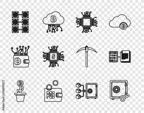 Set line Bitcoin plant in the pot, Proof of stake, Processor, Mining farm, chip with dollar, and Smart contract icon. Vector