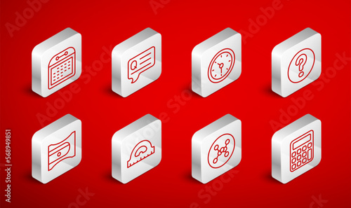 Set line Calculator, Speech bubbles with Question, Clock, Chemical formula, Calendar, Protractor grid and Pencil sharpener icon. Vector