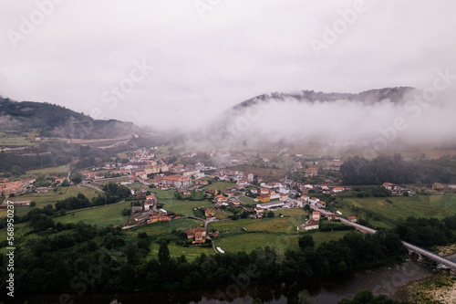 drone aerial images of a green winter forest with a small village and a bridge