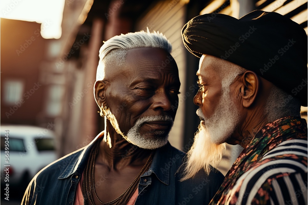 Old aged fashionable black gay couple deep in love and intimate moment. Have a romantic time. Instagrammable photo shot. Generative AI