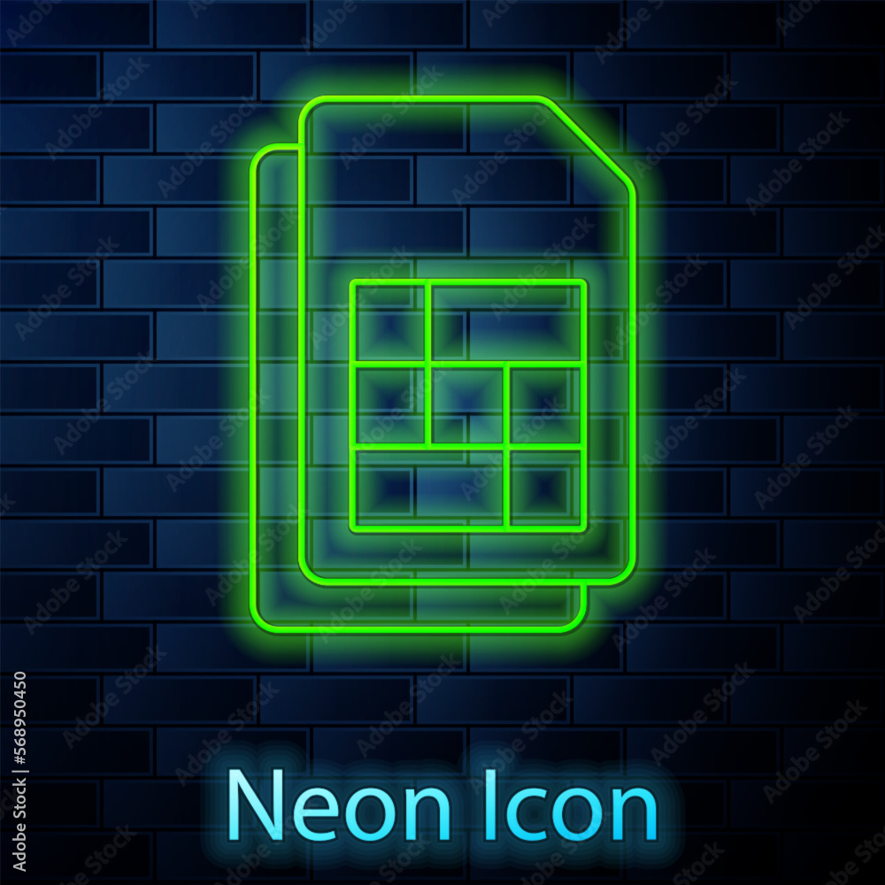 Glowing neon line Sim card icon isolated on brick wall background. Mobile cellular phone sim card chip. Mobile telecommunications technology symbol. Vector Glowing neon line Sim card icon isolated on brick wall background. Mobile cellular phone sim card chip. Mobile telecommunications technology symbol. Vector